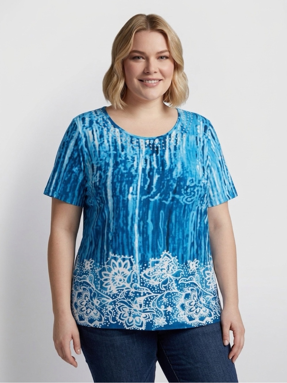 JSP Blue Patterned Women’s Top with Stud Detail